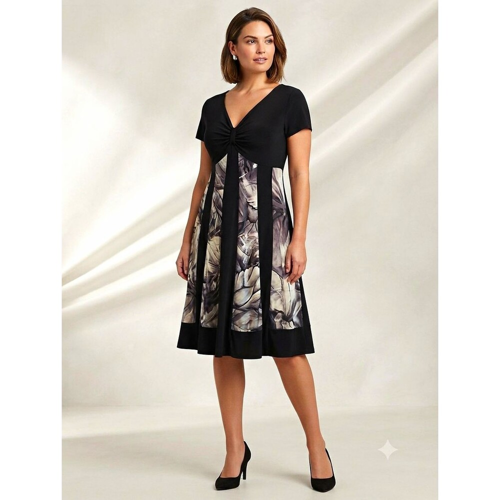 R&M Richards Black Floral A-Line Short Sleeve Dress